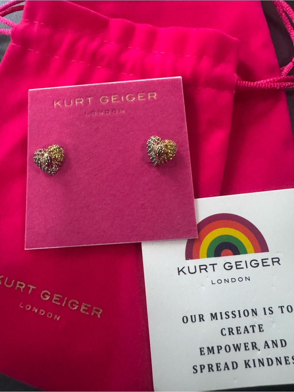 NWT Kurt Geiger Gold-Tone Heart Multi Color w/ Eagle Head Stud Earrings & Dusty